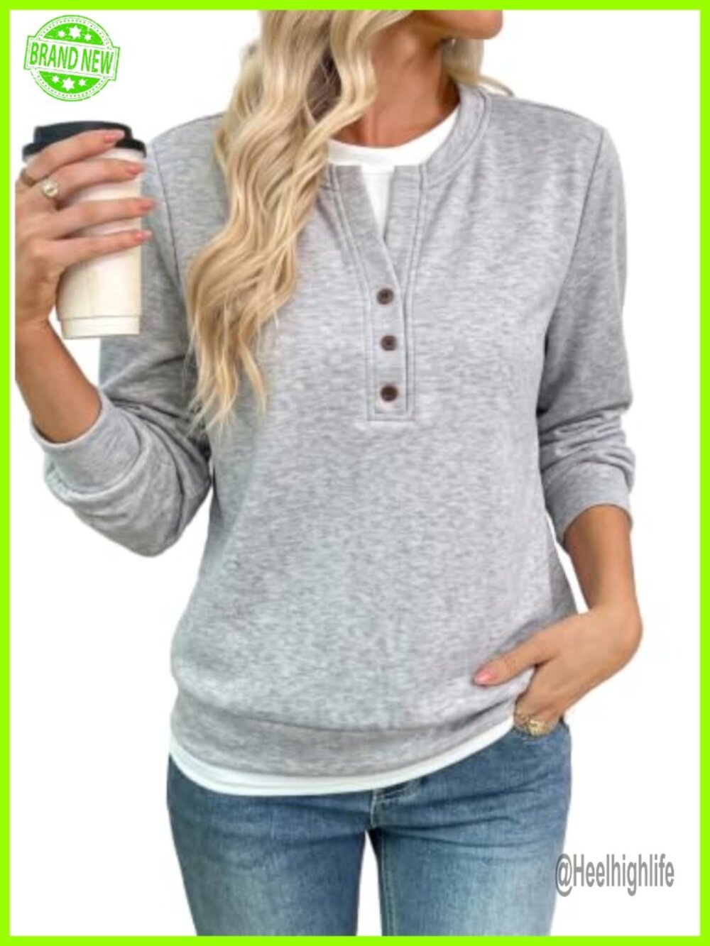Womens Crewneck Henley Sweatshirt Button Front Long Sleeve Pullover Top